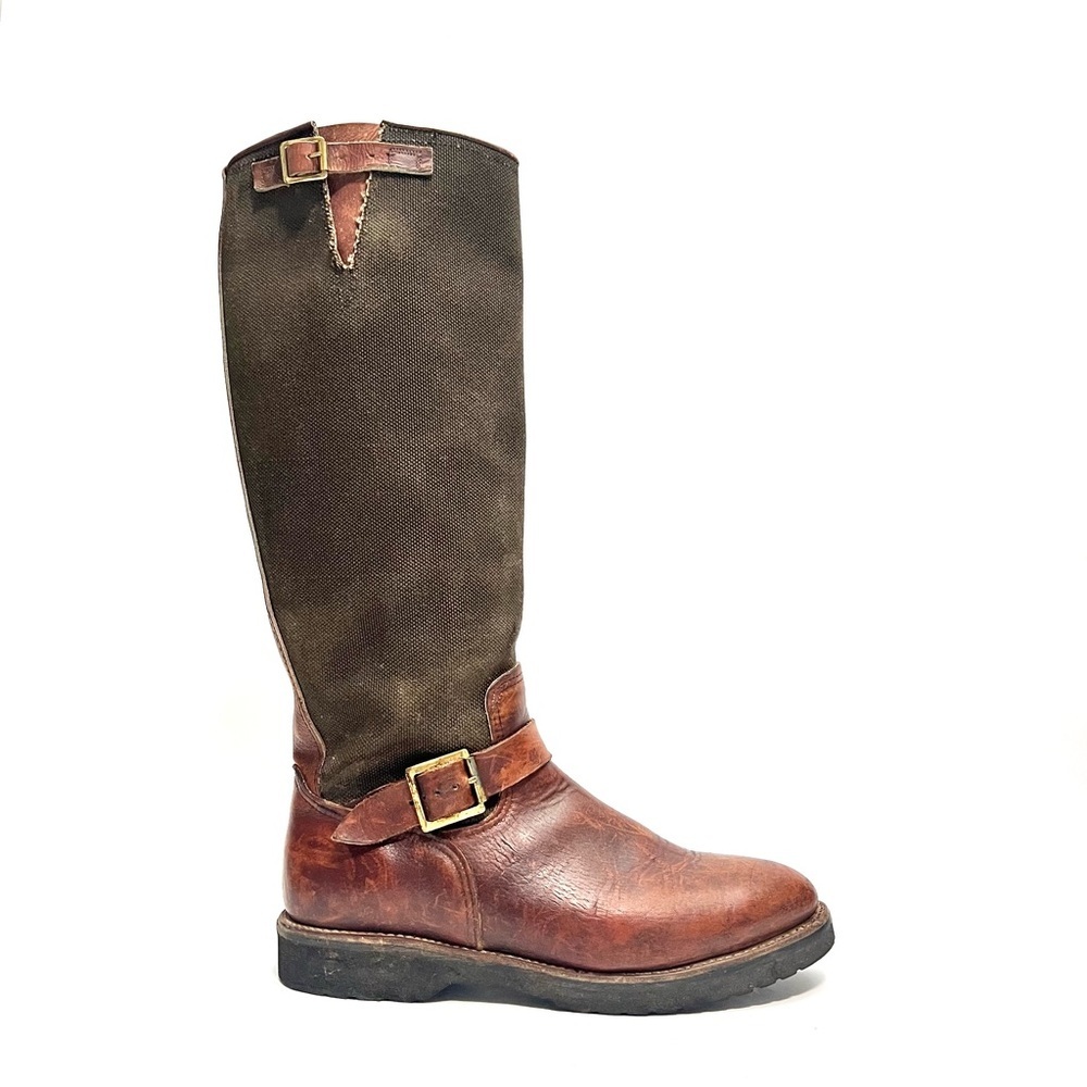 Vintage 1990s men's brown leather army green canvas snake proof hunting boots